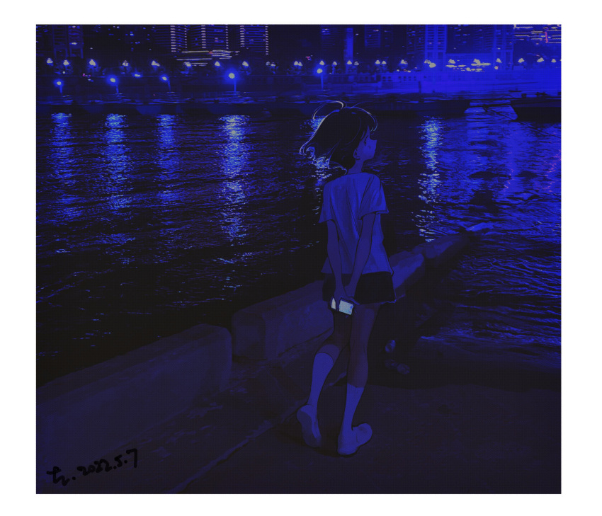 1girl absurdres ahoge arms_behind_back bare_arms black_hair black_skirt blue_background blue_theme border building canal cellphone cityscape closed_mouth commentary_request dark dated floating_hair hidari_(nanmu-left) highres holding holding_phone lamppost looking_at_viewer looking_back miniskirt night original outdoors phone portrait shirt short_hair short_sleeves skirt smartphone socks solo standing t-shirt v_arms water white_border white_footwear white_shirt white_socks