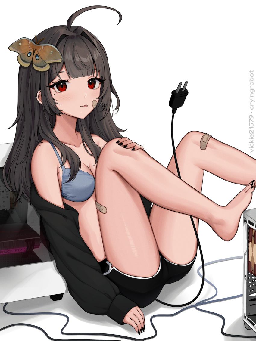 1girl ahoge animal_on_head artist_name bandaid bandaid_on_cheek bandaid_on_face bandaid_on_knee bandaid_on_leg bare_legs bare_shoulders barefoot black_jacket black_nails black_shorts bra breasts brown_hair bug cable cable_tail computer computer_tower ear_piercing electric_plug feet_up foot_out_of_frame grey_bra hair_intakes hand_on_own_knee highres jacket leaning_back long_hair long_sleeves looking_at_viewer mechanical_tail medium_breasts mole mole_under_eye moth nail_polish off_shoulder on_head open_clothes open_jacket original piercing red_eyes ringed_eyes short_shorts shorts sitting solo tail toenail_polish toenails tongue tongue_out underwear vickie_(cryingrobot) vickie_(cryingrobot)_(character) white_background