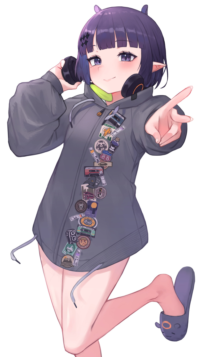 1girl absurdres blue_eyes blush closed_mouth hair_ornament headphones headphones_around_neck highres hololive hololive_english kiwwwwwi long_sleeves mole mole_under_eye ninomae_ina'nis ninomae_ina'nis_(5th_costume) official_alternate_costume pointy_ears purple_hair short_hair smile solo v virtual_youtuber white_background