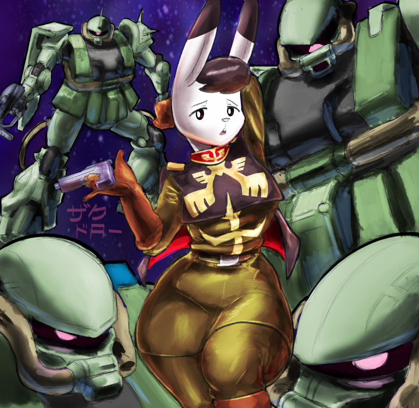 animal_humanoid anthro captain_bokko female female/female gundam hi_res humanoid kaizooki lagomorph lagomorph_humanoid leporid machine mammal mammal_humanoid osamu_tezuka rabbit robot robot_humanoid solo the_amazing_3 zaku_ii