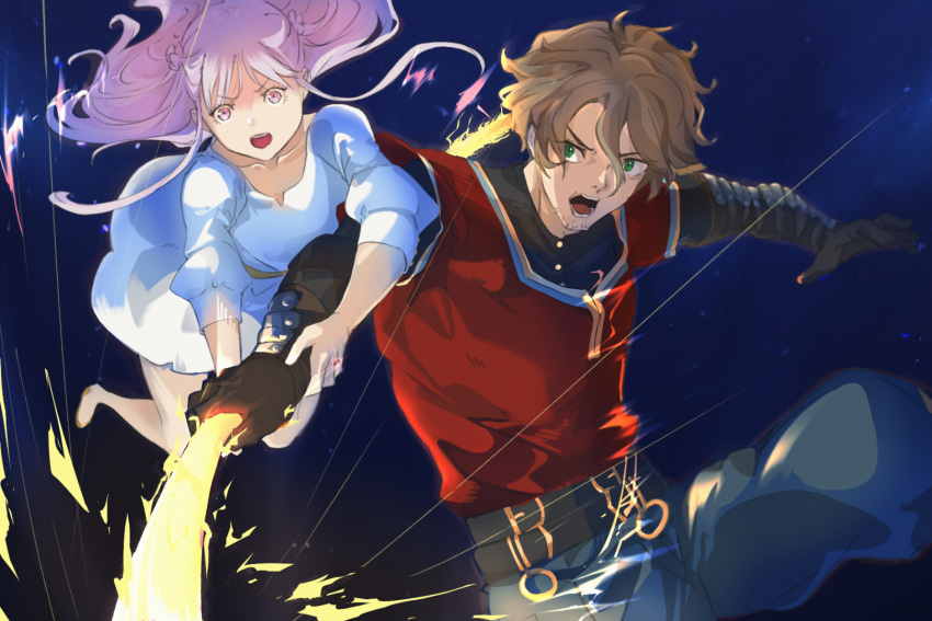 1boy 1girl :o ars_no_kyojuu asdf124 bad_feet belt black_gloves blue_background facial_hair feet_out_of_frame gloves glowing glowing_weapon green_eyes hair_between_eyes highres holding_own_arm jewelry jiro_(ars_no_kyojuu) kuumi_(ars_no_kyojuu) long_hair open_mouth pants purple_eyes purple_hair red_shirt ring robe shirt short_hair stubble weapon white_robe