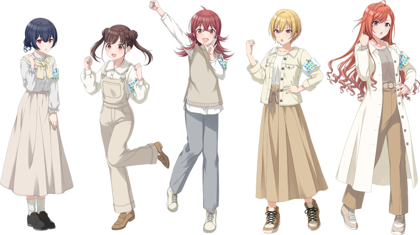 5girls arisugawa_natsuha arm_up blonde_hair boots brown_hair brown_pants brown_skirt clenched_hand clenched_hands coat full_body grey_pants highres houkago_climax_girls_(idolmaster) idolmaster idolmaster_shiny_colors jacket komiya_kaho loafers long_hair long_skirt long_sleeves morino_rinze multiple_girls official_art open_clothes open_coat open_jacket orange_hair overalls pants red_eyes red_hair saijo_juri shoes short_hair skirt sneakers sonoda_chiyoko sweat sweater_vest transparent_background