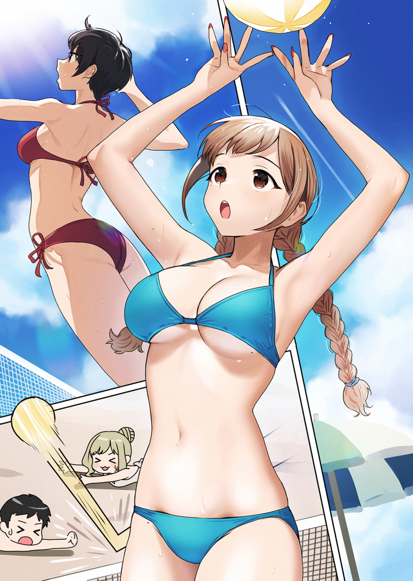 1boy 3girls akaori_umeka armpits arms_up ass bare_arms bare_legs bare_shoulders beach_umbrella bikini black_hair blonde_hair blue_bikini blue_eyes blue_sky braid braided_ponytail breasts brown_eyes brown_hair closed_eyes cloud doushimasho hair_bun hands_up highres jumping kirito_mihoko long_hair lying midriff mikan_sawamoto mole mole_on_arm mole_on_breast mole_under_eye multiple_girls nail_polish navel on_stomach one-piece_swimsuit open_mouth original outdoors pink_nails ponytail red_bikini short_hair side-tie_bikini_bottom sky speed_lines stomach sun sweat sweatdrop swimsuit thighs twin_braids umbrella underboob volleyball volleyball_net