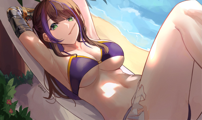 1girl absurdres aka_virtual alternate_costume armpits arms_behind_head arms_up beach bikini blunt_bangs breasts brown_hair cleavage commentary dobure18 english_commentary frederett green_eyes hammock head_rest highres knees_up large_breasts long_hair looking_at_viewer lying mouth_hold multicolored_hair on_back outdoors popsicle_stick purple_bikini purple_hair sand shade sideways_glance solo streaked_hair swimsuit twitter_username two-tone_hair underboob virtual_youtuber water