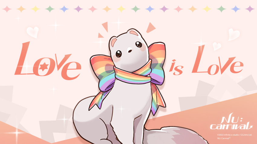 ambiguous_gender blush english_text feral fur hi_res lgbt_pride mammal mouthless mustelid musteline neck_bow nu:_carnival official_art pride_colors rainbow_pride_colors round_ears sitting solo stoat text topper_(nu:_carnival) true_musteline unknown_artist weasel white_body white_fur