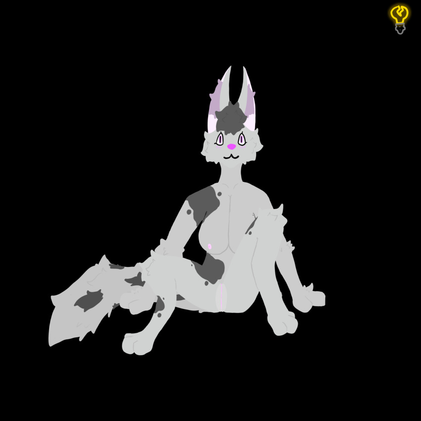 aft3r_d4rk anthro black_background breasts canid canine canis cheek_tuft digital_media_(artwork) facial_tuft female fur genitals grey_body grey_fur hi_res lavender(aft3r_d4rk) lineless mammal nipples nude pussy simple_background smile solo spots spotted_body spotted_fur tail tuft wolf