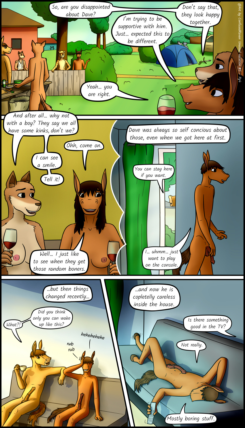 absurd_res anthro breasts canid canine canis casual_erection casual_nudity cheetah comic confusedraven dialogue domestic_dog embarrassed equid equine erection father_(lore) felid feline female group hi_res horse male mammal morning_wood mother_(lore) nude nudist parent_(lore) son_(lore) teenager young