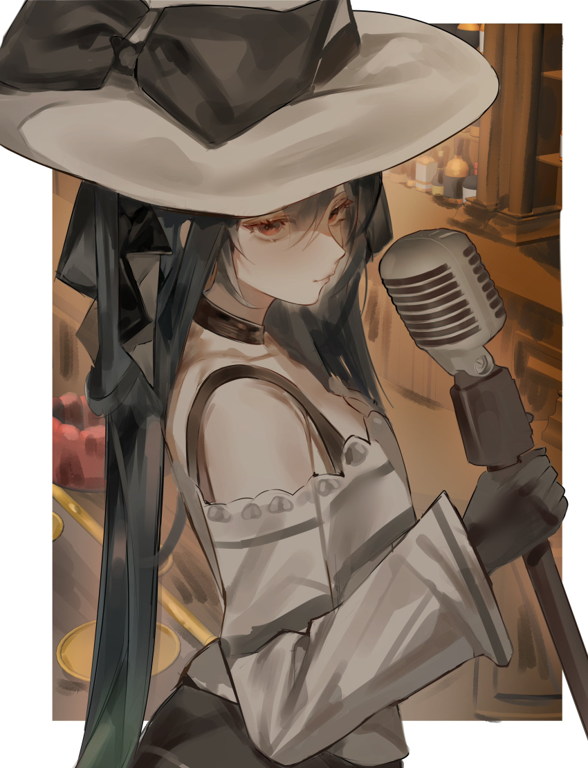 1girl absurdres bare_shoulders black_bow black_choker black_gloves border bow choker closed_mouth commentary_request counter dark_miku_(project_voltage) dress gloves green_hair hair_between_eyes hat hat_bow hatsune_miku highres holding holding_microphone_stand korean_commentary long_hair long_sleeves looking_at_viewer microphone_stand pokemon project_voltage red_eyes solo very_long_hair vocaloid white_border white_dress white_headwear wrong_(wrongorightt)