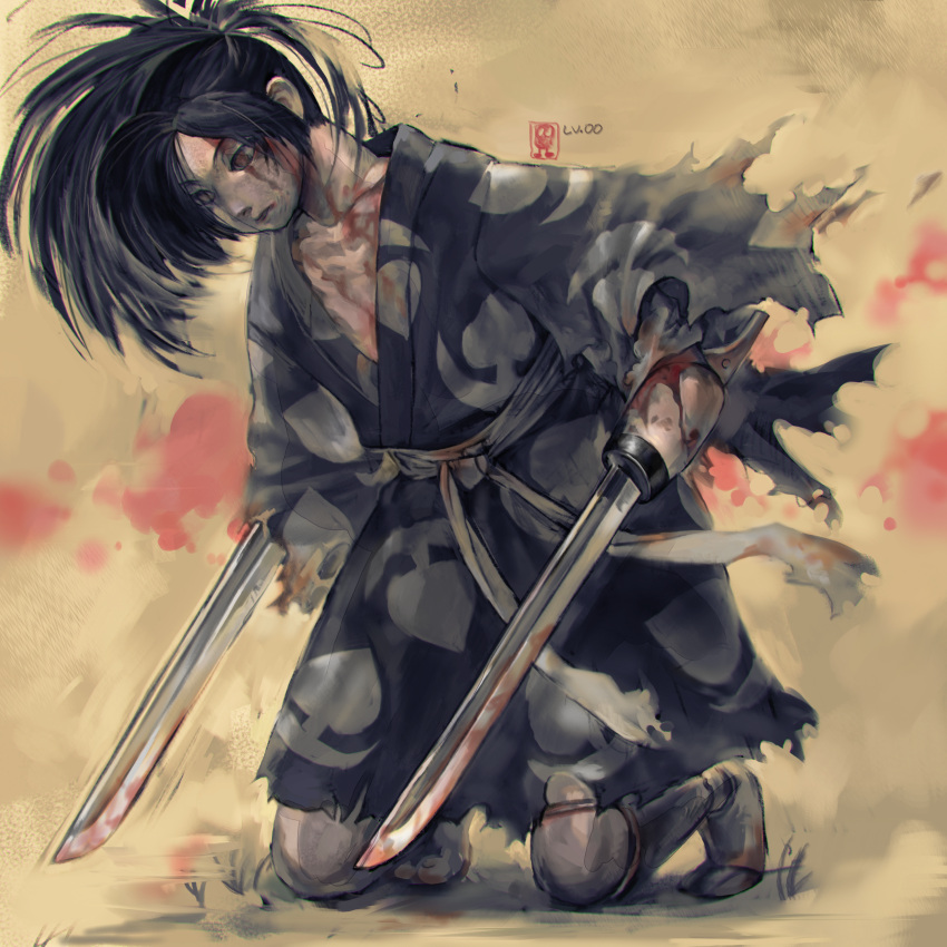 1boy absurdres black_hair blood blood_on_face blood_on_weapon brown_eyes collarbone dororo_(tezuka) highres hyakkimaru_(dororo) japanese_clothes kimono kneeling level-00 light_brown_background male_focus ponytail prosthesis prosthetic_leg prosthetic_weapon short_sleeves signature solo torn_clothes torn_kimono weapon