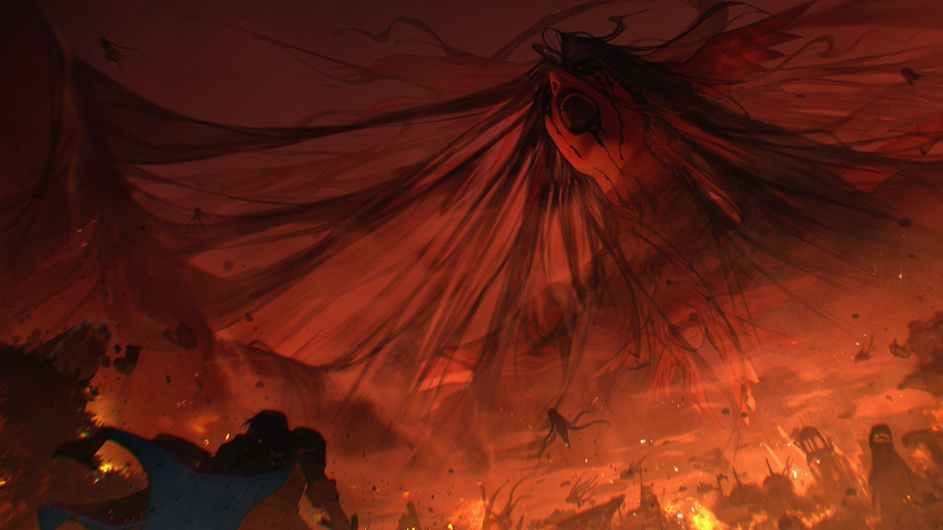 1boy 1girl adventurer_(ff14) apocalypse black_hair black_lips black_sclera black_tears blue_cape building burning cape cloud colored_sclera debris destruction dripping dutch_angle eboda-x feathered_wings final_fantasy final_fantasy_xiv fire floating_cape giant giantess head_wings highres horror_(theme) long_hair mask mask_around_neck monster multiple_wings open_mouth paladin_(final_fantasy) red_sky red_theme screaming silhouette sky spoilers tears the_endsinger warrior_of_light_(ff14) wind wings