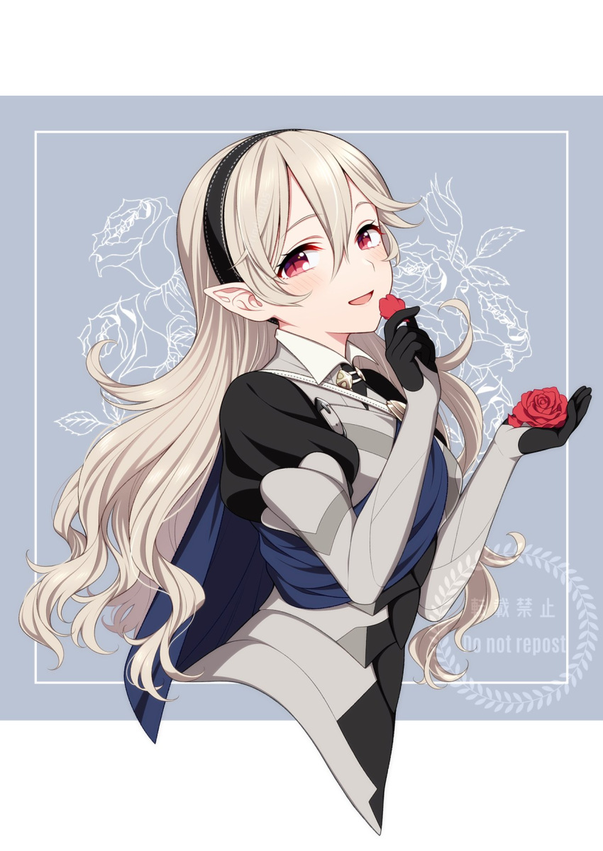 1girl :d armor black_gloves black_hairband blonde_hair blue_cape blush breasts cape collared_shirt corrin_(female)_(fire_emblem) corrin_(fire_emblem) cropped_torso eyelashes fire_emblem fire_emblem_fates flower gloves grey_background hair_between_eyes hairband hands_up highres hiyori_(rindou66) holding juliet_sleeves long_hair long_sleeves looking_at_viewer open_mouth petals pointy_ears puffy_sleeves red_eyes rose rose_petals shadow shirt sidelocks smile solo upper_body watermark