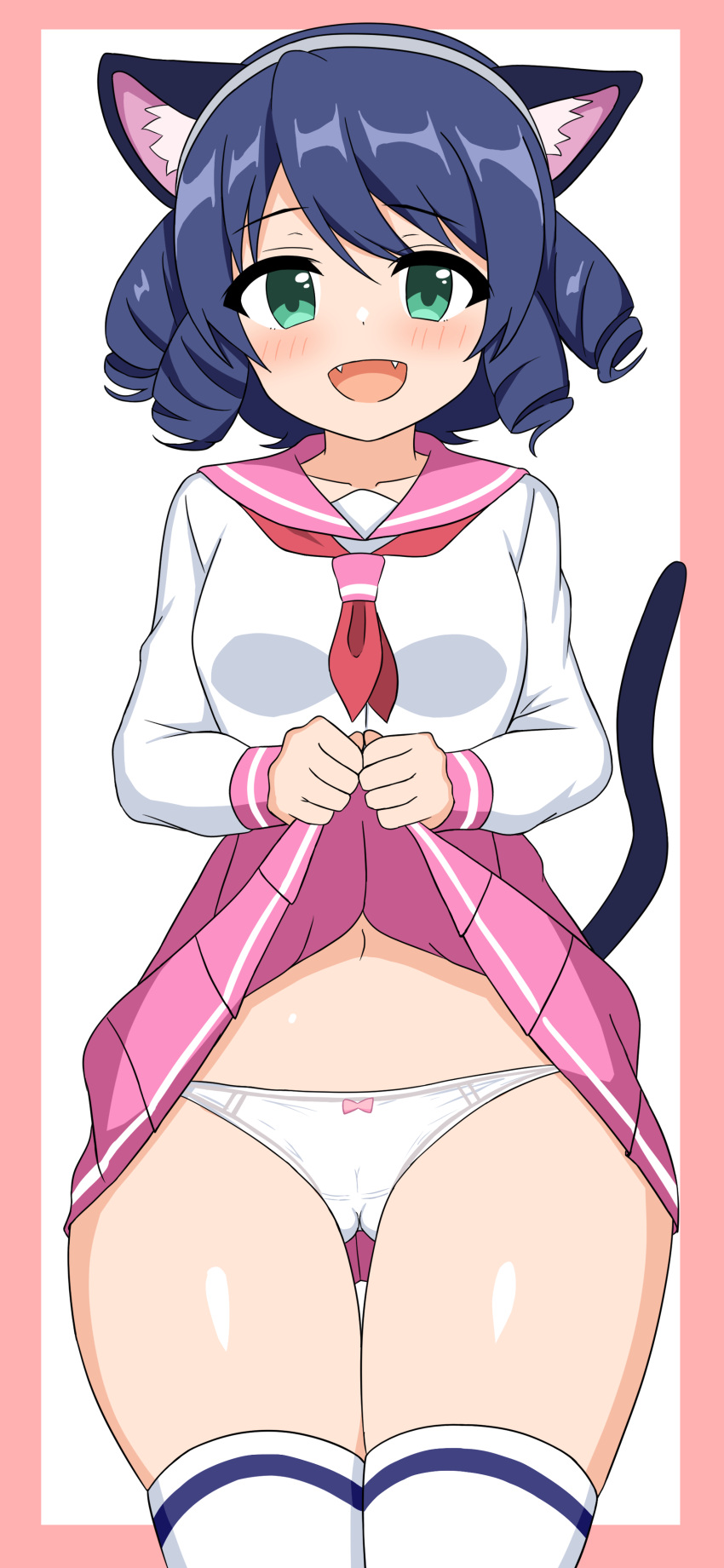 absurd_res animal_humanoid black_hair blush breasts cat_humanoid clothing cyan_hijirikawa domestic_cat exposed_panties fangs felid felid_humanoid feline feline_humanoid felis female footwear green_eyes hair hi_res humanoid long_socks mammal mammal_humanoid navel open_mouth panties sanrio school_uniform short_hair show_by_rock!! simple_background socks solo teeth underwear uniform white_clothing white_panties white_underwear