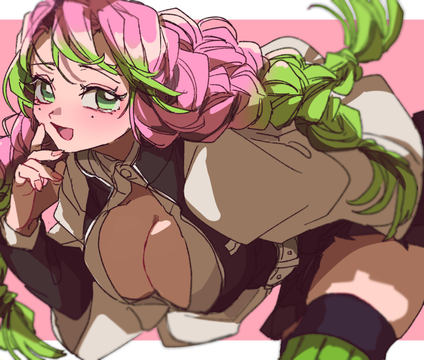 1girl black_jacket border braid breasts cleavage cowboy_shot feet_out_of_frame gradient_hair green_eyes green_hair green_thighhighs hand_to_own_mouth highres jacket kanroji_mitsuri kimetsu_no_yaiba large_breasts leaning_forward letterboxed long_hair long_sleeves looking_at_viewer mi_cha_iru mole mole_under_eye multicolored_hair multiple_braids nail_polish open_clothes open_mouth open_shirt pink_background pink_hair pink_nails shirt smile solo thighhighs two-tone_hair white_border white_shirt