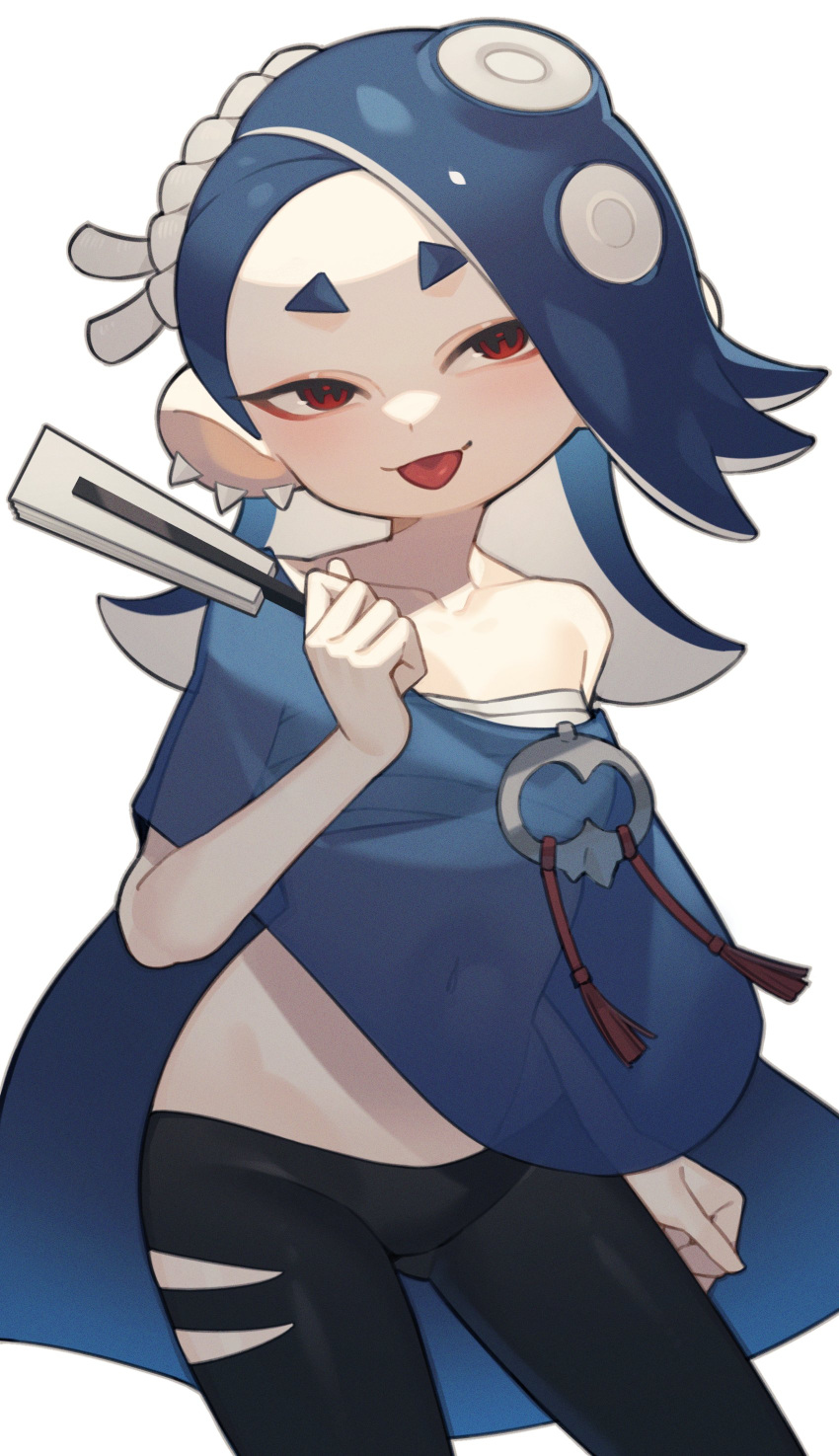 1girl absurdres black_leggings blue_hair chest_sarashi collarbone contrapposto cowboy_shot folded_fan folding_fan hand_fan hand_up highres holding holding_fan leggings long_hair looking_at_viewer midriff navel octoling octoling_girl off_shoulder poncho prat_rat red_eyes sarashi see-through see-through_poncho shiver_(splatoon) simple_background single_bare_shoulder single_off_shoulder solo splatoon_(series) splatoon_3 standing tassel tentacle_hair tongue tongue_out torn_clothes torn_leggings white_background