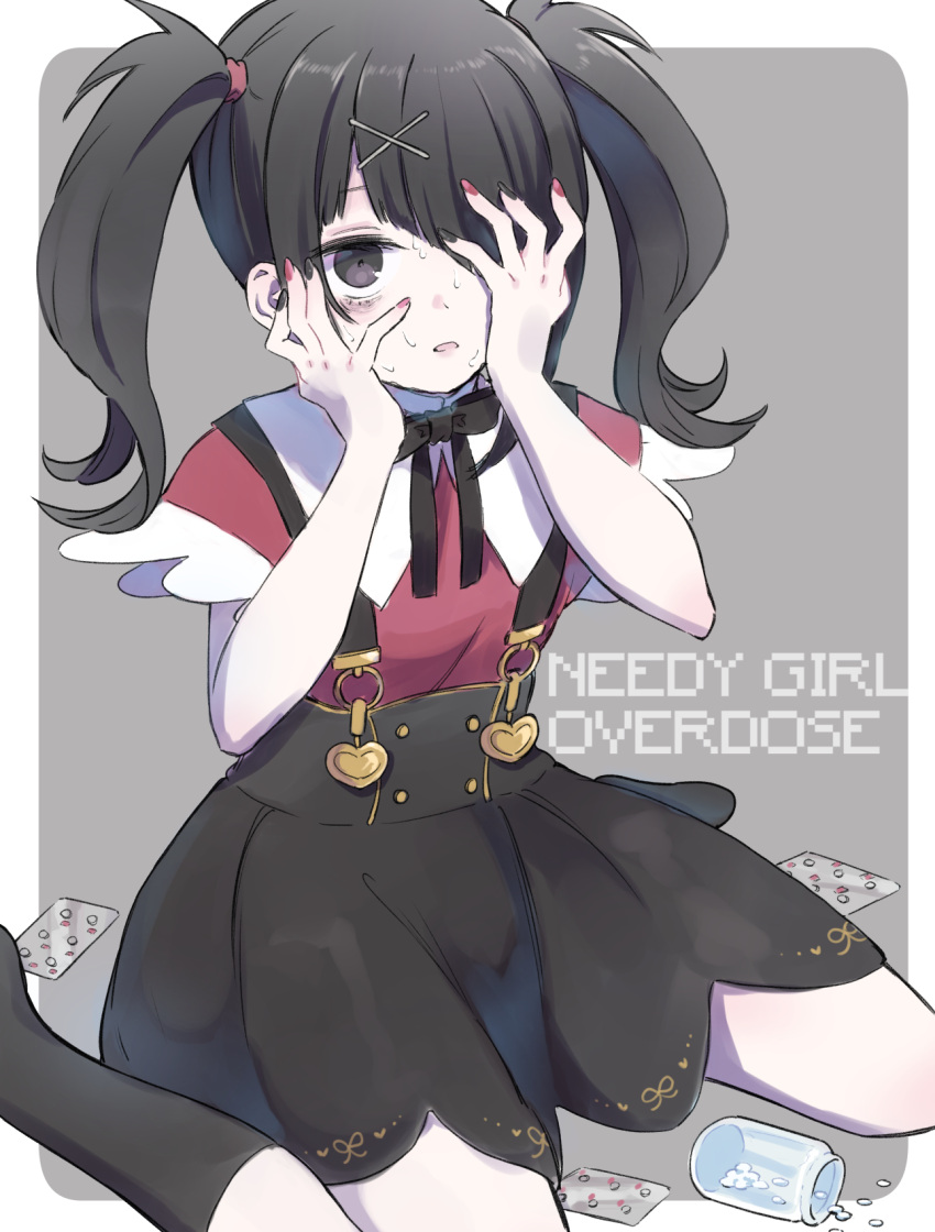 1girl ame-chan_(needy_girl_overdose) bags_under_eyes black_eyes black_hair black_nails black_ribbon black_skirt black_socks collar collared_shirt copyright_name esgkjj hair_ornament hair_over_one_eye hair_tie hairclip hands_on_own_face highres looking_at_viewer multicolored_nails neck_ribbon needy_girl_overdose open_mouth pill pill_bottle red_nails red_shirt ribbon shirt shirt_tucked_in sitting skirt socks solo suspender_skirt suspenders sweatdrop twintails white_collar x_hair_ornament