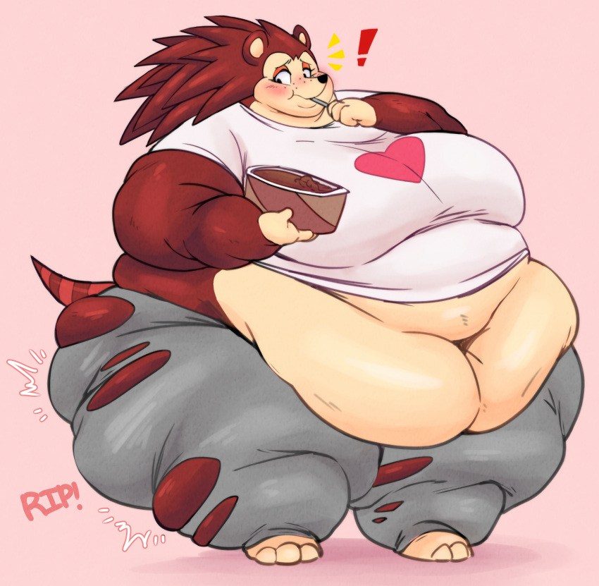 animal_crossing anthro belly belly_overhang big_belly big_breasts black_nose blush breasts brown_body brown_fur clothing dessert eating emanata eulipotyphlan exclamation_point female food fur hedgehog hi_res holding_food holding_object ice_cream mammal morbidly_obese morbidly_obese_anthro morbidly_obese_female navel nintendo obese obese_anthro obese_female overweight overweight_anthro overweight_female sable_able smolsnuff solo torn_clothing wardrobe_malfunction