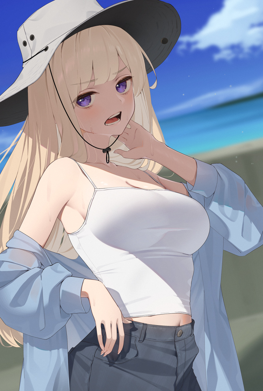 1girl beach black_pants blonde_hair blue_jacket blurry blurry_background blush breasts camisole cleavage collarbone day fingernails grey_headwear hat highres jacket kanpa_(campagne_9) large_breasts long_hair looking_at_viewer ocean open_clothes open_jacket open_mouth original outdoors pants purple_eyes solo white_camisole