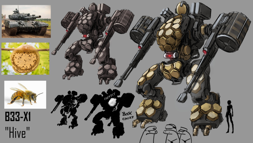 1boy 1girl arm_cannon bee beehive bug character_name comparison concept_art english_commentary haonfest highres hive leaf mecha military_vehicle missile_pod motor_vehicle original photo-referenced photo_(medium) reactive_armor robot science_fiction sketch tank variations walker weapon