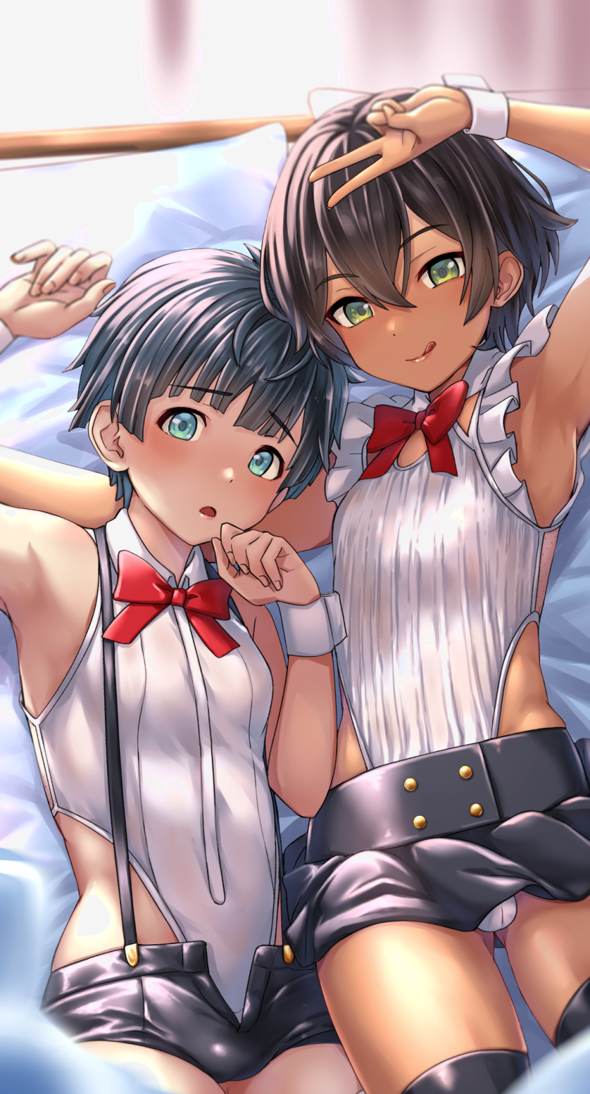 2boys :p aqua_eyes arm_up armpits ass_visible_through_thighs bare_arms bare_shoulders bed black_hair black_shorts black_skirt black_thighhighs blue_hair blunt_bangs blush bow bowtie bulge collared_leotard commentary_request cowboy_shot d: dark-skinned_male dark_blue_hair dark_skin double-parted_bangs frilled_leotard frills green_eyes hair_between_eyes hand_on_own_head hand_to_own_mouth hand_up highleg highleg_leotard highres kobamiso_(kobalt) leotard licking_lips lips looking_at_viewer lying male_focus micro_shorts microskirt multiple_boys on_back open_clothes open_fly open_shorts original otoko_no_ko pleated_skirt red_bow red_bowtie ribbed_leotard shiny_clothes short_hair shorts side-by-side skirt suspender_shorts suspenders tareme thighhighs tongue tongue_out v white_leotard wrist_cuffs