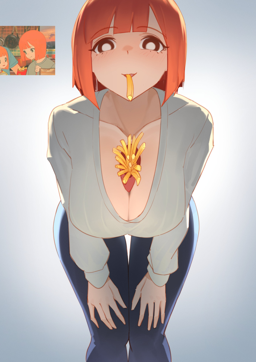 1girl absurdres bent_over between_breasts black_eyes blue_pants bob_cut breasts bright_pupils collarbone commentary english_commentary food food_in_mouth french_fries gradient_background grey_sweater hands_on_own_knees hanging_breasts highres inverted_bob large_breasts light_blush long_sleeves looking_at_viewer mcdonald's mouth_hold orange_hair pants reference_inset scoop_neck serelith short_hair solo sweater white_pupils yoru_mac