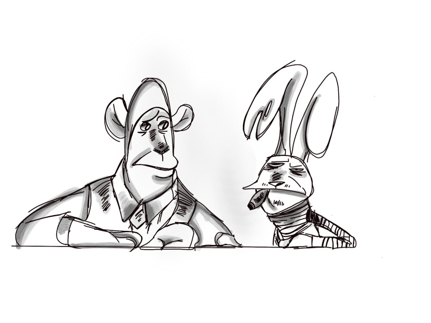 31_minutos 4:3 anthro ape chimpanzee cigar clothed clothing d0ncassidy digital_media_(artwork) duo front_view haplorhine hi_res juan_carlos_bodoque lagomorph leporid long_ears looking_at_another male mammal monochrome necktie notched_ear pan_(genus) pattern_clothing pattern_shirt pattern_topwear primate rabbit shirt simple_background sketch smoking striped_clothing striped_shirt striped_topwear stripes suit topwear tulio_(31_minutos) white_background