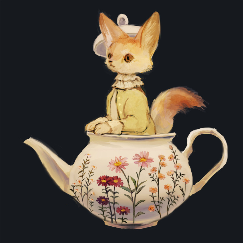 animal animal_focus black_background brown_eyes closed_mouth commentary_request dress_shirt english_commentary fennec_fox flower frilled_shirt_collar frills highres in_teapot mini_person minimized no_humans orange_flower original pink_flower porcelain red_flower shirt simple_background sleeve_cuffs solo teapot three_quarter_view tono_(rt0no)