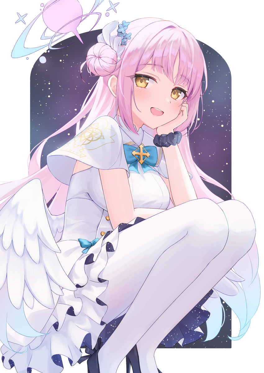 1girl absurdres angel_wings black_footwear blue_archive blush breasts capelet dress feathered_wings flower hair_bun hair_flower hair_ornament halo high_heels highres hitsuji_(myn_mei) large_breasts long_hair looking_at_viewer mika_(blue_archive) open_mouth pantyhose pink_hair pink_halo purple_flower single_side_bun sleeveless sleeveless_dress smile solo squatting white_capelet white_dress white_pantyhose white_wings wings yellow_eyes