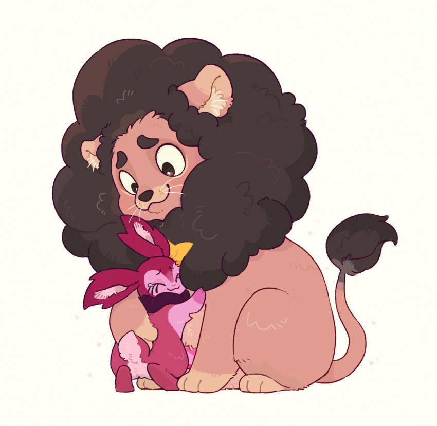 animal animal_focus animalization brown_eyes closed_eyes full_body highres hua_hua_de_meme hug lion lion_hair lion_tail looking_at_another pink_gemstone rabbit red_fur sitting steven_quartz_universe steven_universe tail white_background