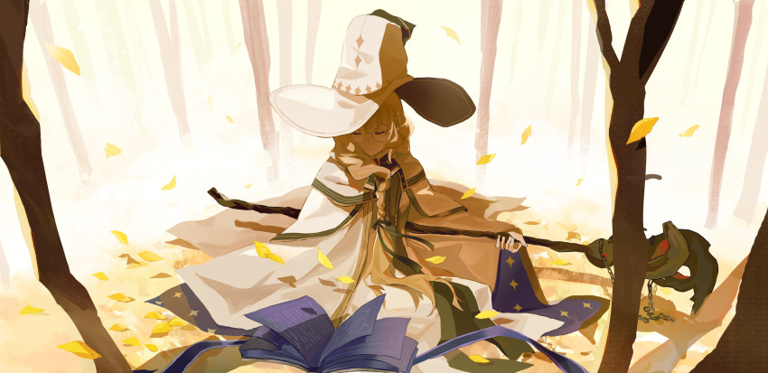 1girl absurdres autumn_leaves bare_tree black_bow black_bowtie black_ribbon black_trim blonde_hair book bow bowtie braid brooch cape chain closed_eyes closed_mouth commentary dtmahotsukai falling_leaves fate/grand_order fate_(series) forest full_body glasses gold_trim hair_over_shoulder hair_ribbon hand_up hat highres holding holding_staff jewelry leaf light_smile long_hair long_sleeves low-braided_long_hair nature open_book outdoors red_brooch ribbon robe round_eyewear shade sitting solo staff star_(symbol) striped tonelico_(fate) tree two-sided_fabric white_cape white_headwear white_robe wide_brim wide_sleeves wind witch_hat wooden_staff