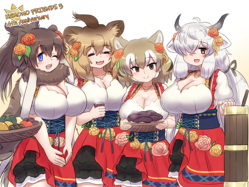 4girls :d animal_ears anniversary apple basket black_horns blue_eyes bodice breasts brown_eyes brown_hair cleavage closed_eyes closed_mouth copyright_name cowboy_shot dirndl double-parted_bangs elephant_ears empty_eyes fang flower food food_on_face fruit fur_scarf german_clothes grey_horns hair_between_eyes hair_flower hair_ornament hair_over_one_eye hair_ribbon high_ponytail highres holding holding_food horns huge_breasts jewelry kemono_friends kemono_friends_3 leaf_hair_ornament light_brown_hair lion lion_(kemono_friends) long_bangs long_hair looking_at_viewer mammoth_(kemono_friends) mo23 multicolored_hair multicolored_horns multiple_girls official_alternate_costume one_eye_closed open_mouth own_hands_together ox_ears ox_horns pendant ribbon rose scarf smile steam sweet_potato thylacine_(kemono_friends) two-tone_hair underbust v_arms very_long_hair white_hair yak_(kemono_friends)