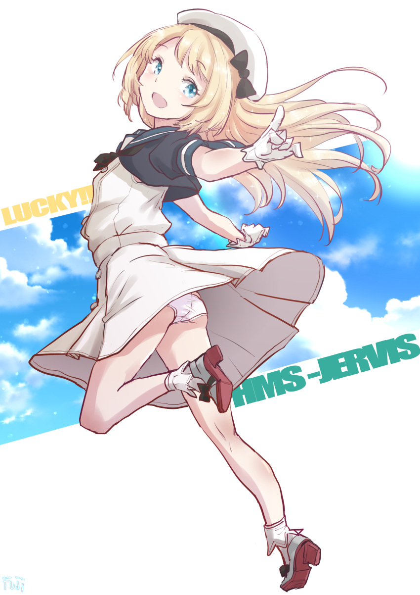 1girl ass black_neckerchief blonde_hair blue_eyes blue_sailor_collar blue_sky character_name cloud commentary_request dress from_behind fuji_(pixiv24804665) gloves hat highres index_finger_raised jervis_(kancolle) kantai_collection looking_at_viewer neckerchief panties running sailor_collar sailor_dress sailor_hat short_sleeves sky smile solo standing underwear white_dress white_gloves white_headwear white_panties
