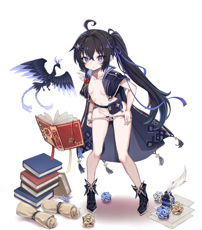 1girl ahoge black_footwear black_hair blush book boshi_(a-ieba) bow breasts commission crystal_flower full_body hair_bow hair_ornament highres long_hair looking_at_viewer open_clothes original panties ponytail purple_eyes skeb_commission small_breasts smile underwear undressing white_panties