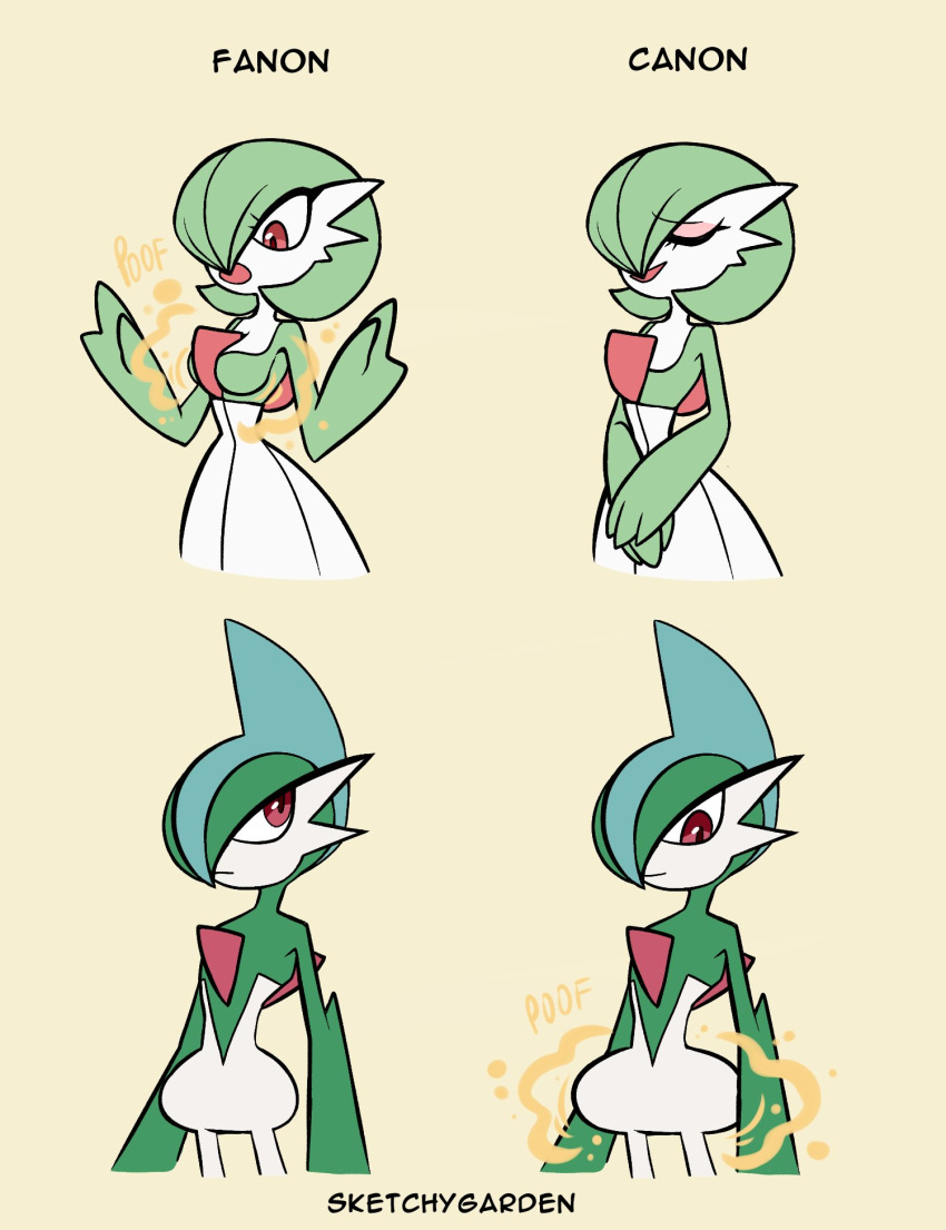 breasts butt duo eyeshadow female gallade gardevoir generation_3_pokemon generation_4_pokemon grace_(sketchygarden) hi_res makeup male nintendo noble_(sketchygarden) pokemon pokemon_(species) poof poof_effect relieved sketchygarden standing surprise text