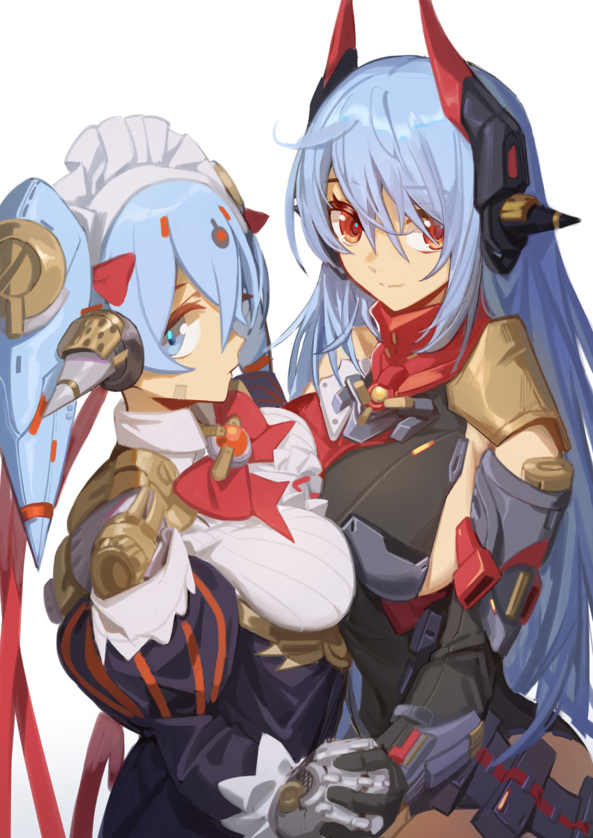 2girls absurdres android armored_leotard asymmetrical_docking bangs black_gloves blue_eyes blue_hair bow bowtie breast_press breasts closed_mouth gloves hair_ornament highres holding_hands long_hair looking_at_viewer maid maid_headdress multiple_girls newflame orange_eyes poppi_(xenoblade) poppi_qt_(xenoblade) poppi_qtpi_(xenoblade) red_bow red_bowtie red_scarf scarf simple_background twintails upper_body white_background white_gloves xenoblade_chronicles_(series) xenoblade_chronicles_2