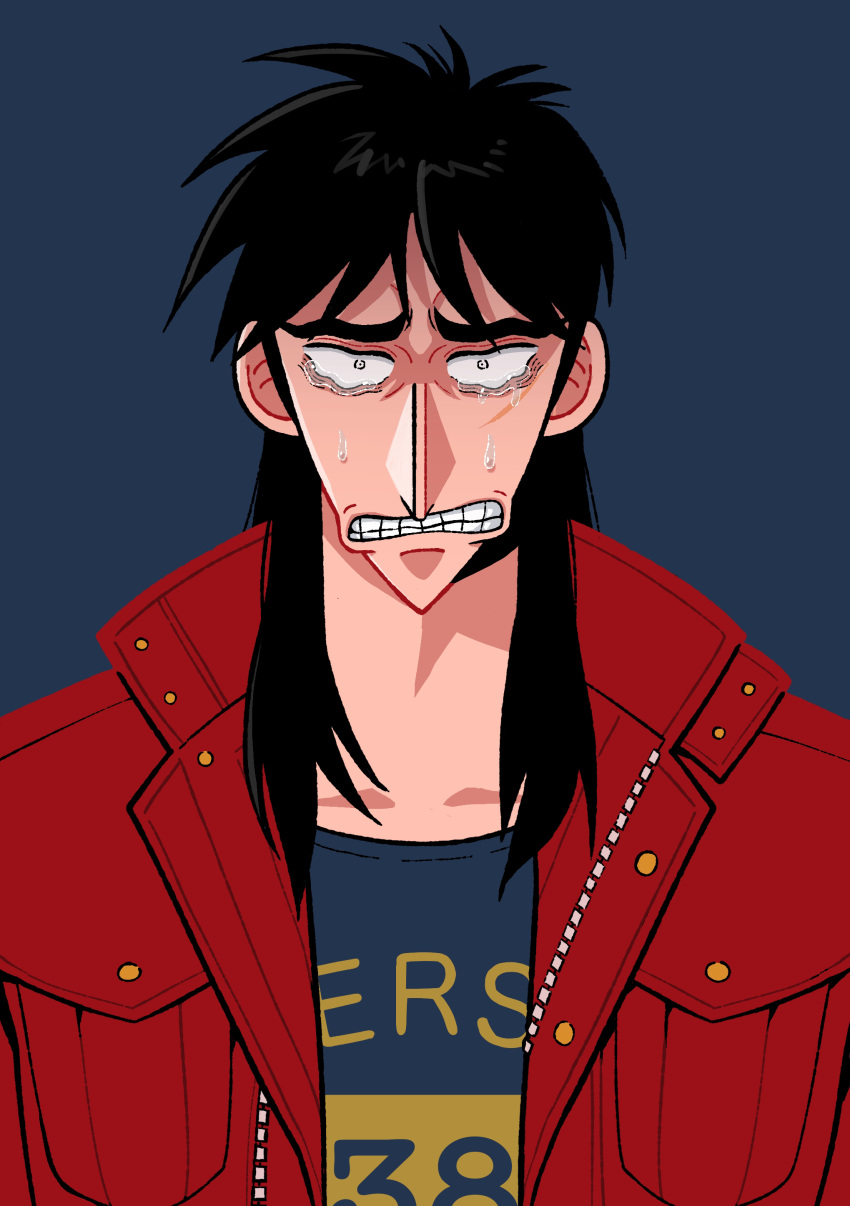 1boy absurdres black_hair black_shirt blue_background clenched_teeth commentary_request crying crying_with_eyes_open fukumoto_nobuyuki_(style) highres itou_kaiji jacket kaiji long_hair looking_at_viewer male_focus medium_bangs official_style open_clothes open_jacket parody pointy_nose red_jacket scar scar_on_cheek scar_on_face shirt sidelocks simple_background solo style_parody tears teeth upper_body usarinko white_eyes