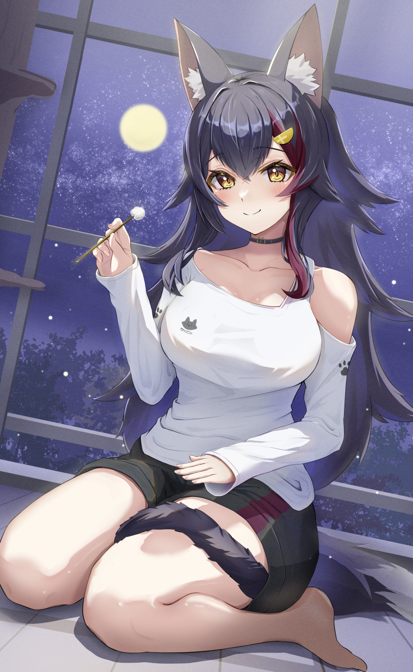 1girl absurdres animal_ear_fluff animal_ears black_collar black_hair black_shorts blush breasts collar highres hololive lap_pillow_invitation large_breasts long_hair looking_at_viewer mimikaki moon multicolored_hair official_alternate_costume ookami_mio ookami_mio_(3rd_costume) patting_lap red_hair shirt short_shorts shorts sky smile star_(sky) starry_sky streaked_hair tail tail_around_own_leg torakichi_888 virtual_youtuber white_shirt wolf_ears wolf_girl wolf_tail yellow_eyes
