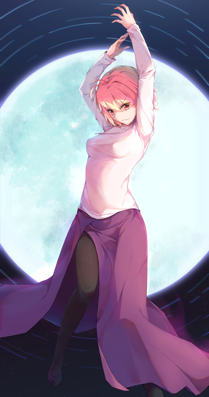 1girl absurdres antenna_hair arcueid_brunestud arms_up black_pantyhose blonde_hair breasts claw_pose commentary_request copybird fingernails floating full_body full_moon grin hair_between_eyes high_heels highres huge_moon impossible_clothes impossible_sweater jewelry legs_apart long_skirt long_sleeves looking_at_viewer medium_breasts moon moonlight necklace night outdoors pantyhose pumps purple_footwear purple_skirt red_eyes sharp_fingernails short_hair side_slit skirt sky slit_pupils smile smirk solo star_(sky) starry_sky sweater taut_clothes taut_sweater tsukihime white_sweater