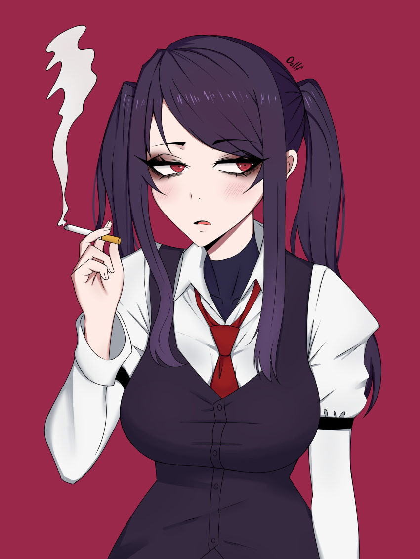 1girl absurdres artist_name bags_under_eyes breasts cigarette dollf gloom_(expression) highres holding holding_cigarette jill_stingray looking_to_the_side medium_breasts necktie open_mouth purple_hair red_eyes red_necktie simple_background smoke smoking solo twintails va-11_hall-a