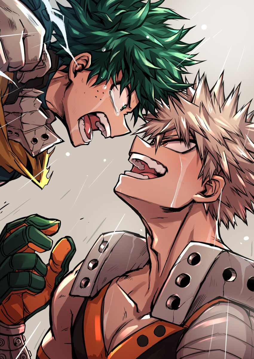 2boys adam's_apple alternate_eye_color angry attack bakugou_katsuki bandaged_arm bandages black_tank_top blonde_hair boku_no_hero_academia cape chiyaya clenched_hand collarbone crying crying_with_eyes_open detached_sleeves eye_contact face-to-face fighting flying_teardrops freckles from_side furious gloves green_eyes green_gloves green_hair grey_background grey_gloves hair_between_eyes hand_up head_back highres looking_at_another looking_up male_focus midair midoriya_izuku multiple_boys official_alternate_costume open_mouth orange_eyes orange_gloves pectoral_cleavage pectorals profile rain short_hair simple_background single_bare_shoulder sleeveless smile spiked_hair spoilers tank_top tears torn_cape torn_clothes two-tone_gloves upper_body v-neck water_drop wet wrist_guards yellow_cape