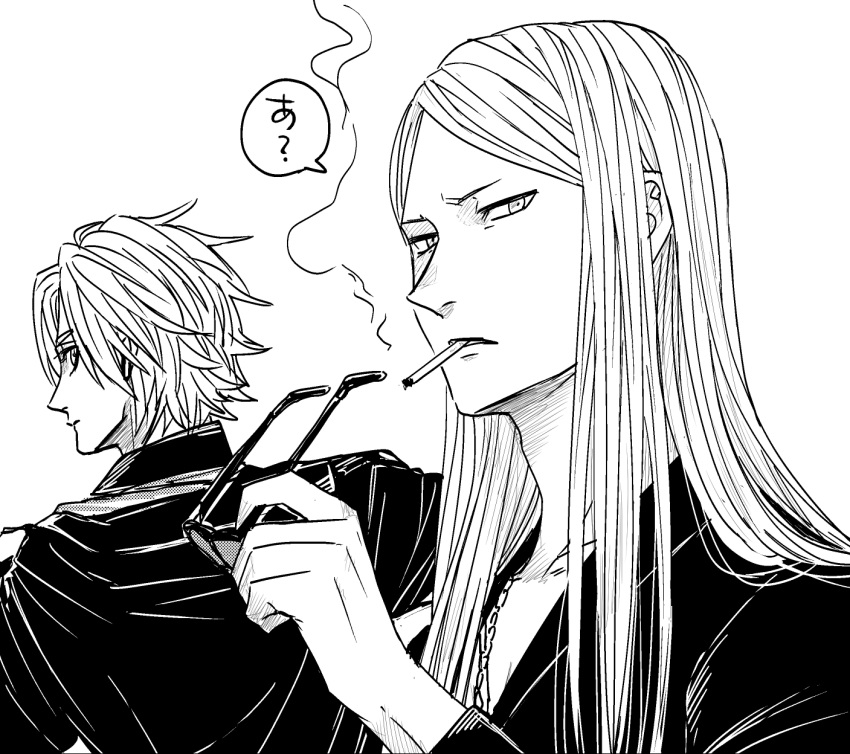 2boys black_jacket blonde_hair cigarette coat daybit_sem_void fate/grand_order fate_(series) greyscale highres jacket long_hair long_sleeves looking_back male_focus monochrome multiple_boys open_clothes open_jacket removing_eyewear simple_background smoke speech_bubble sunglasses tezcatlipoca_(fate) translation_request upper_body wakkamaji white_background