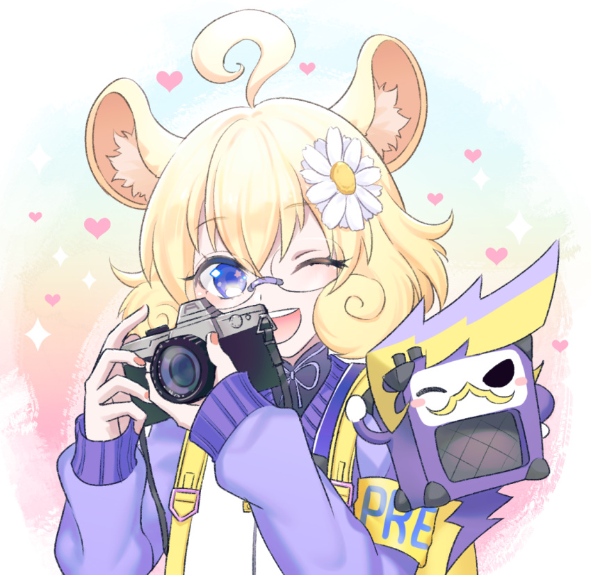 1girl blonde_hair blue_eyes blue_jacket blush camera chinchilla_ears chinchilla_girl glasses holding holding_camera jacket long_sleeves looking_at_viewer mel6969 one_eye_closed open_mouth rameca_(show_by_rock!!) short_hair show_by_rock!! smile solo teeth