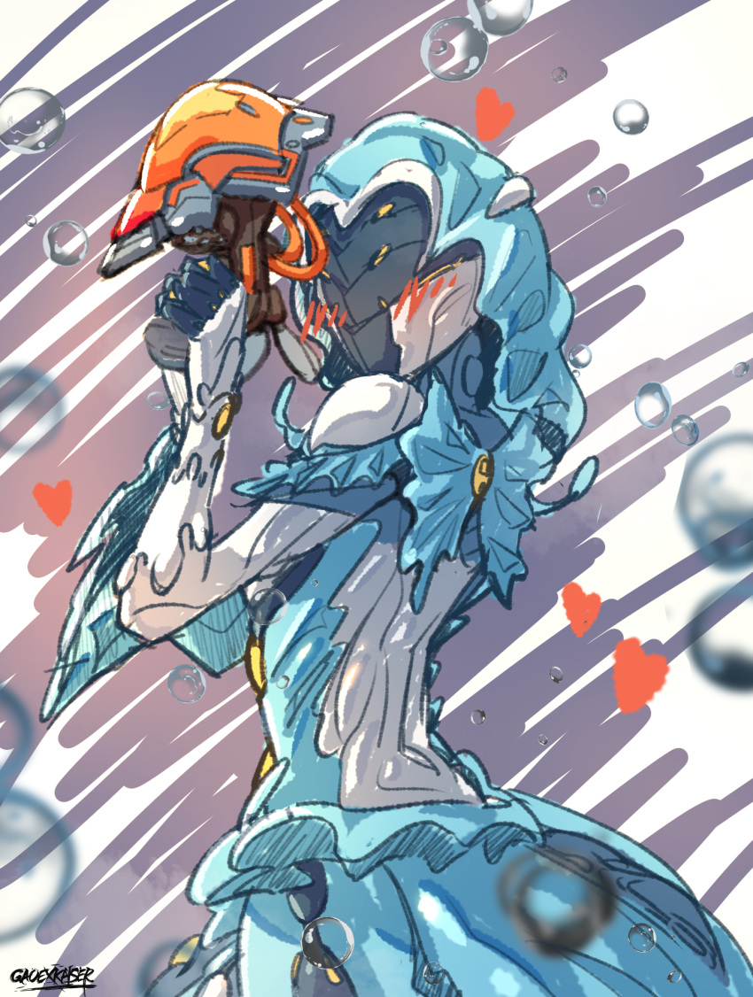 1girl artist_name blue_bow blue_skirt blush bow bubble english_commentary from_behind gao_ex_kaiser gloves gun heart helmet highres holding holding_gun holding_weapon hood hood_up looking_back science_fiction skirt solo warframe weapon white_gloves yareli_(warframe)