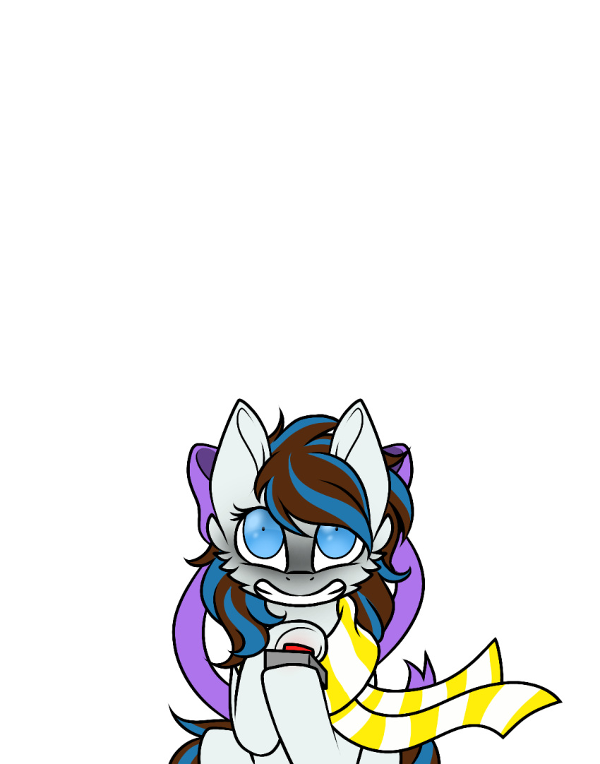 2019 alpha_channel blue_hair bow_tie brown_hair clothing earth_pony equid equine evil_grin fan_character female feral fur grey_body grey_fur hair hasbro hi_res horse looking_at_viewer mammal mr_breezy_(mlp) my_little_pony pattern_clothing pattern_scarf pegacousin pony pupils purple_bowtie pushing_button scarf sinister_smile small_pupils smile solo stare string_bow_tie striped_clothing striped_hair striped_scarf stripes unfinished white_scarf yellow_scarf