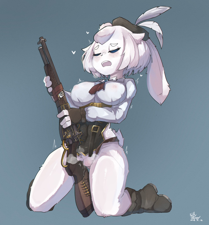 anthro boots breasts bullet clothed clothing eyes_closed female fingerless_gloves footwear genitals gloves gun handwear hat headgear headwear hi_res lagomorph leporid mammal masturbation partially_clothed pussy rabbit ranged_weapon rifle sillybunny9623 simple_background solo weapon