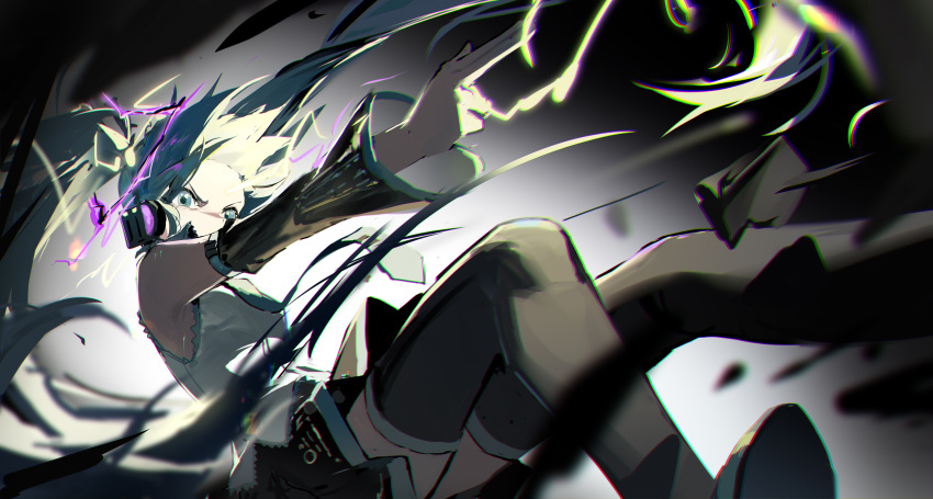 1girl absurdres aqua_eyes aqua_hair aqua_necktie attack bare_shoulders black_footwear black_skirt boots breasts commentary covered_mouth debris detached_sleeves electricity feet_out_of_frame finger_gun firing floating_clothes floating_hair floating_neckwear glowing grey_background hatsune_miku headphones hibana_(vocaloid) highres jiu_ye_sang long_hair looking_ahead miniskirt necktie outstretched_arm pleated_skirt serious shirt sitting skirt small_breasts solo thigh_boots twintails untucked_shirt very_long_hair vocaloid white_shirt zettai_ryouiki