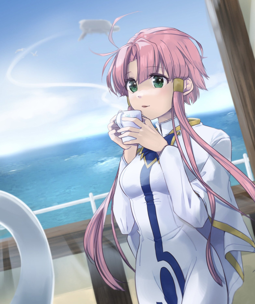 1girl aogirism aria aria_company_uniform blue_sky breasts capelet commentary_request cup day dress dutch_angle eyelashes gold_trim green_eyes hair_tubes hands_up highres holding holding_cup impossible_clothes impossible_dress indoors long_sleeves looking_at_viewer medium_breasts mizunashi_akari mug ocean open_mouth parted_bangs pink_hair print_dress short_hair_with_long_locks sky solo spacecraft white_capelet white_dress window