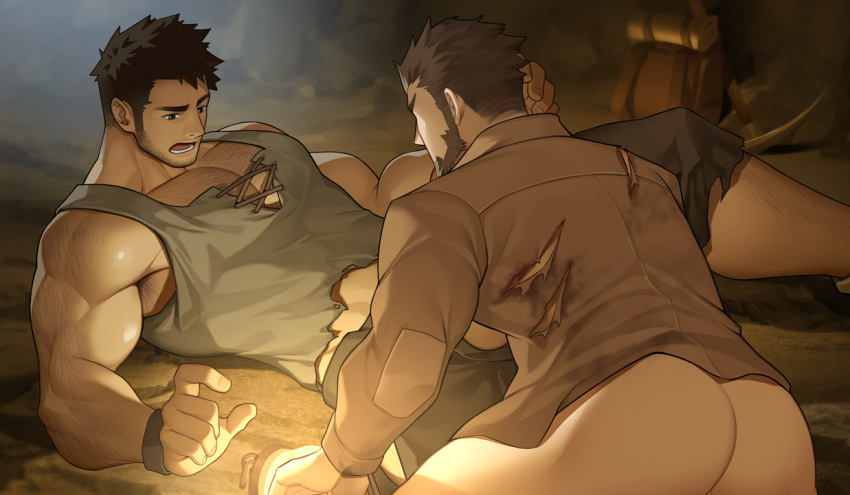 2boys abs armpit_hair ass bara beard beard_stubble bottomless brown_hair brown_pants bulge chrisanother cross-laced_slit facial_hair feet_out_of_frame from_behind game_cg hairy hand_up lamppost large_pectorals long_sideburns looking_at_crotch lying male_focus mature_male midriff_peek multiple_boys muscular muscular_male nipples no_eyes on_back open_fly pants pectoral_cleavage pectorals raised_eyebrow shirt short_hair sideburns stomach thick_eyebrows thick_thighs thighs torn_clothes torn_shirt yaoi