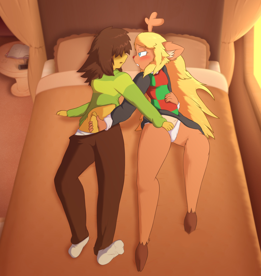 absurd_res anthro antlers bed bedding bedroom bingbingo_(artist) blanket blonde_hair blue_eyes blush bottomwear brown_body brown_bottomwear brown_clothing brown_fur brown_hair brown_pants buckteeth checkered_clothing clenching_sheets clock clothed clothing curtains deer deltarune doe_with_antlers duo feet female fingering footwear freckles fur furniture genitals green_clothing green_sweater green_topwear hair hair_over_eyes hand_in_panties hand_in_underwear hand_on_stomach hi_res holding_penis hooves horn human kris_(deltarune) long_hair lying male male/female mammal masturbation mutual_masturbation noelle_holiday notebook on_back on_bed open_mouth panties pants pattern_clothing pencil_(object) pencil_holder penis red_nose signature skirt socks sweater table teeth topwear undertale_(series) underwear white_clothing white_footwear white_socks window yellow_body