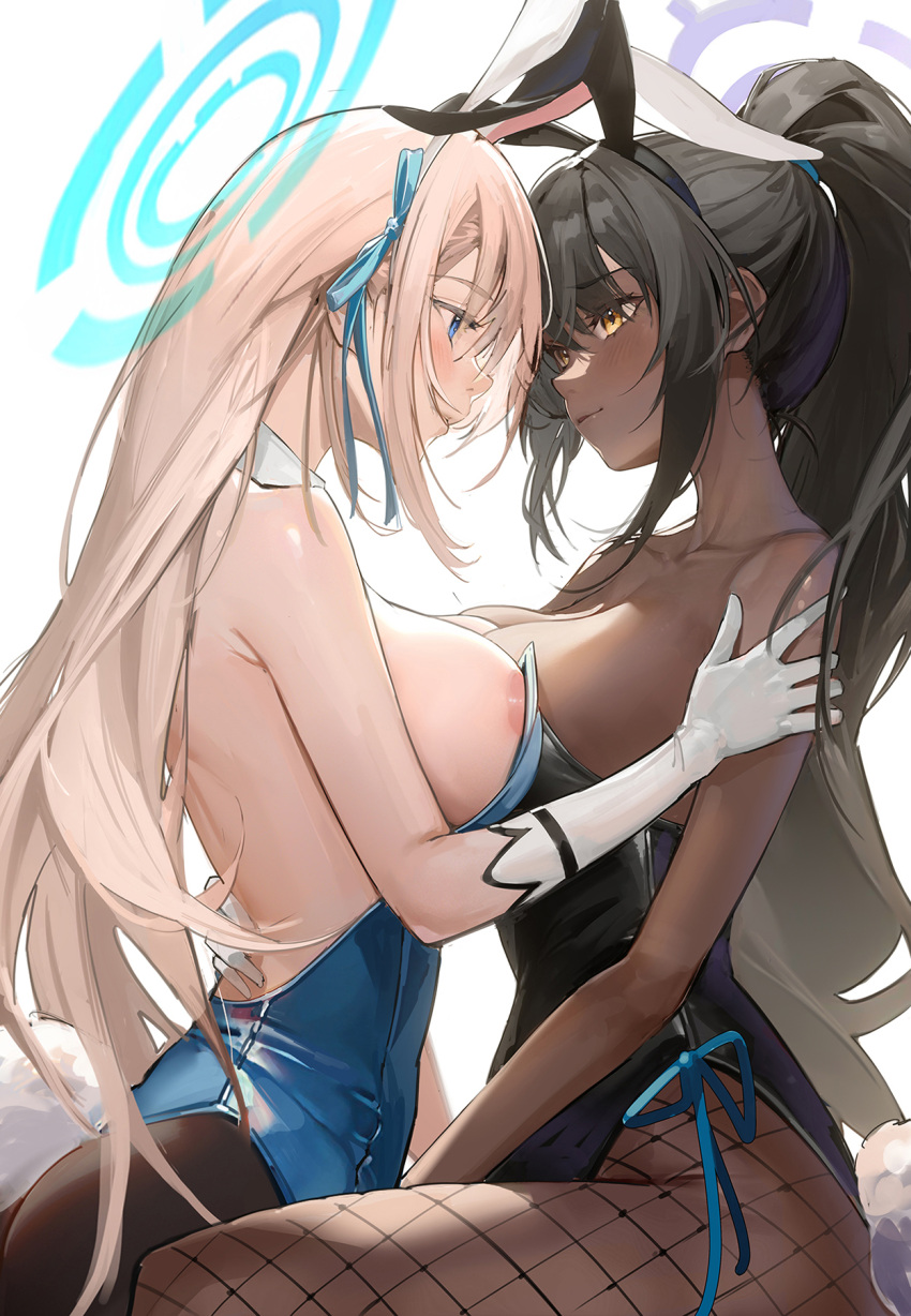 2girls animal_ears areola_slip asuna_(blue_archive) asuna_(bunny)_(blue_archive) backless_leotard bare_shoulders black_hair black_leotard black_pantyhose blue_archive blue_eyes blue_leotard blue_ribbon blush breast_press breasts closed_mouth collarbone commentary_request dark-skinned_female dark_skin detached_collar drive_shot elbow_gloves eye_contact face-to-face fake_animal_ears fake_tail fishnet_pantyhose fishnets gloves hair_ribbon halo hand_on_another's_back hand_on_another's_shoulder heads_together highres karin_(blue_archive) karin_(bunny)_(blue_archive) large_breasts leotard light_brown_hair light_smile long_hair looking_at_another multiple_girls official_alternate_costume pantyhose playboy_bunny ponytail profile rabbit_ears rabbit_tail revision ribbon sideboob sidelocks simple_background sitting strapless strapless_leotard symmetrical_docking tail very_long_hair white_background white_gloves yellow_eyes yuri