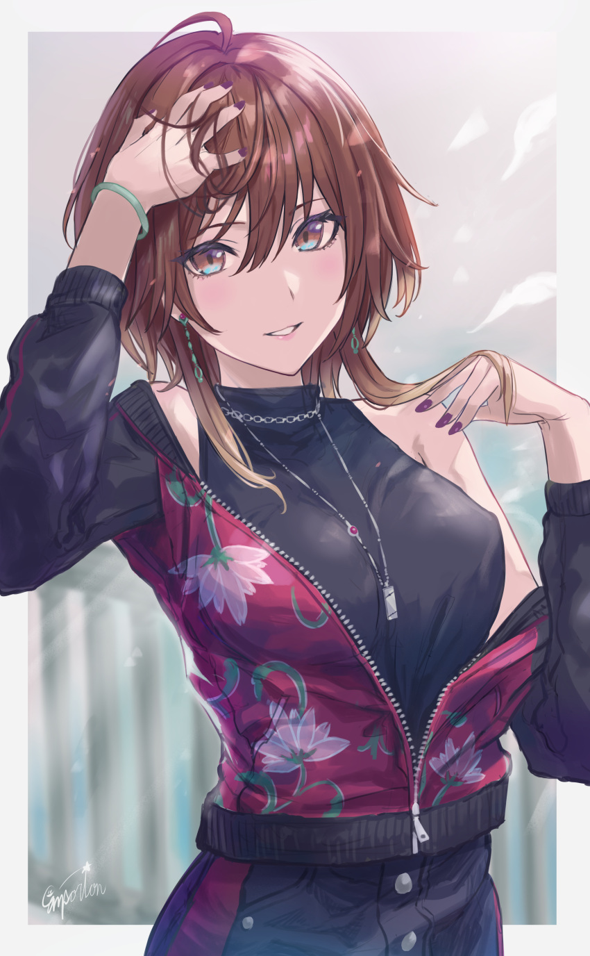 1girl absurdres aketa_mikoto arm_up bare_shoulders black_shirt blonde_hair blurry blurry_background blush bracelet breasts brown_hair earrings enporion fence floral_print gradient_hair grey_pants hand_in_own_hair highres idolmaster idolmaster_shiny_colors jacket jacket_partially_removed jewelry large_breasts long_sleeves looking_at_viewer multicolored_eyes multicolored_hair nail_polish off_shoulder outdoors pants purple_nails red_jacket shirt signature smile solo upper_body zipper